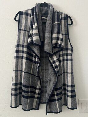 OST Cotton Cashmere Plaid Waterfall Open Front Sweater Vest Cardigan Gray L